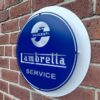 Handmade blue and white Lambretta Service sign, with Innocenti logo.